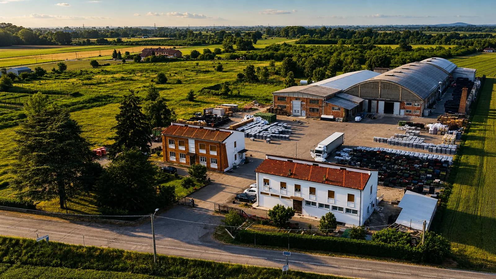 Vista aerea dello stabilimento Casei Eco-System immerso nel contesto produttivo e agricolo