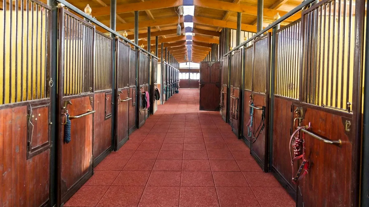 Modularer ECO-BOX-Bodenbelag aus Recyclinggummi, verlegt im Flur eines Reitstalls